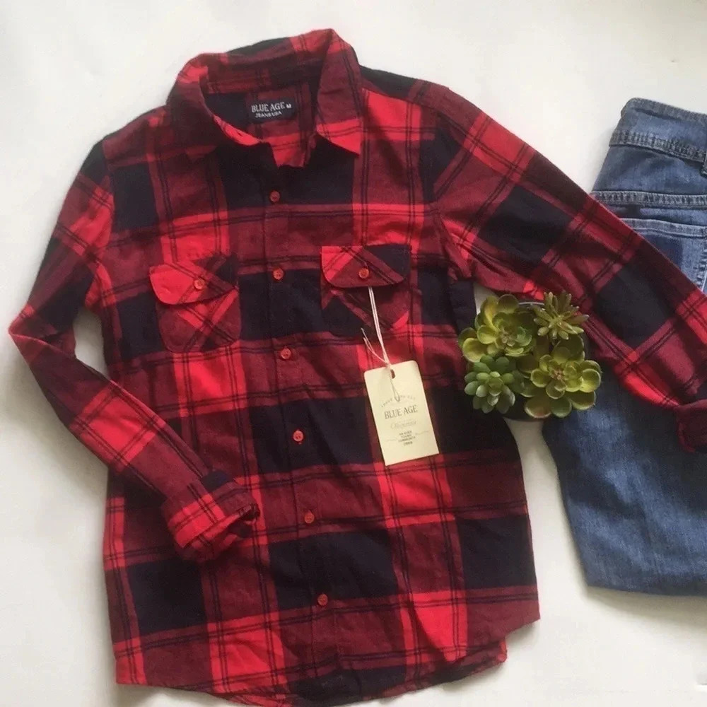 Blue Age Jeans cotton boutique Red and Black Plaid Flannel Shirt size medium NWT